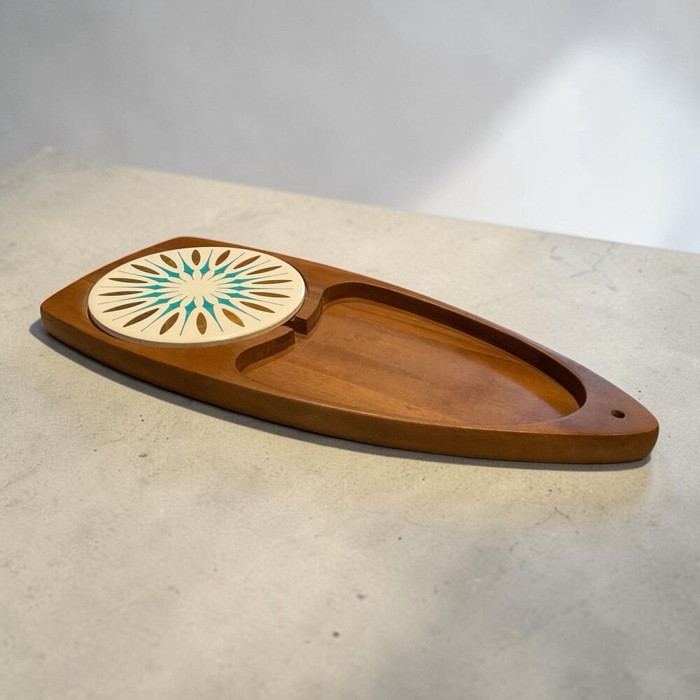 VTG Fred Press(?) Wood Serving Cheese Tray Japan 1960s Starburst Mid Century MCM